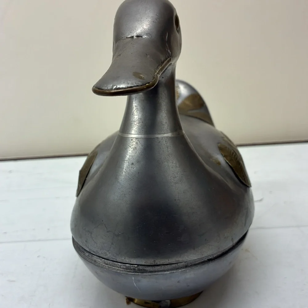 MCM Duck Decoy Keepsake Box  Chinese  pewter & brass duck trinket box lidded